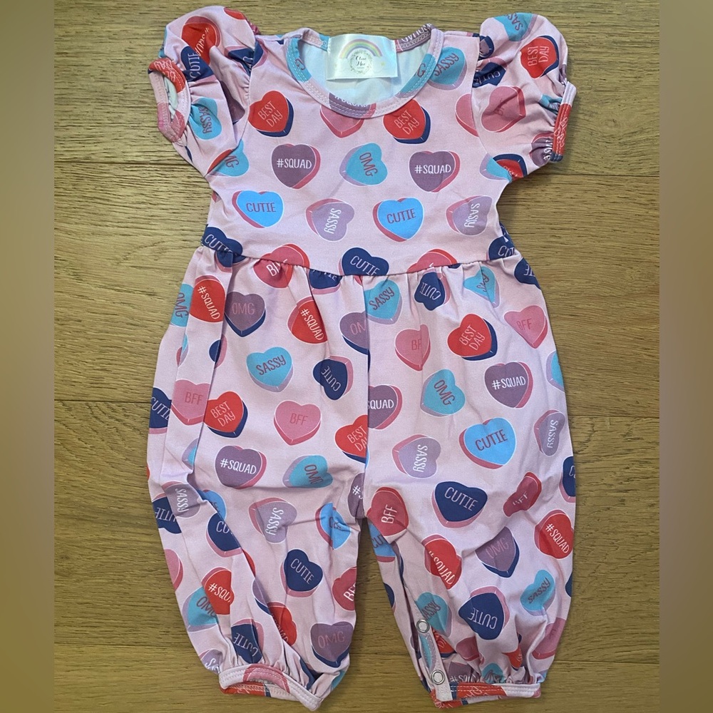 Colorful Valentine Heart Candy Print Baby Romper 0-3m NWOT so soft and stretchy